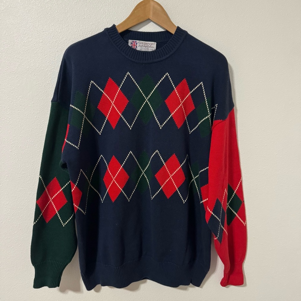 Vintage Slazenger Argyle Crew Sweater Navy Green Red Cotton Preppy Academia-L